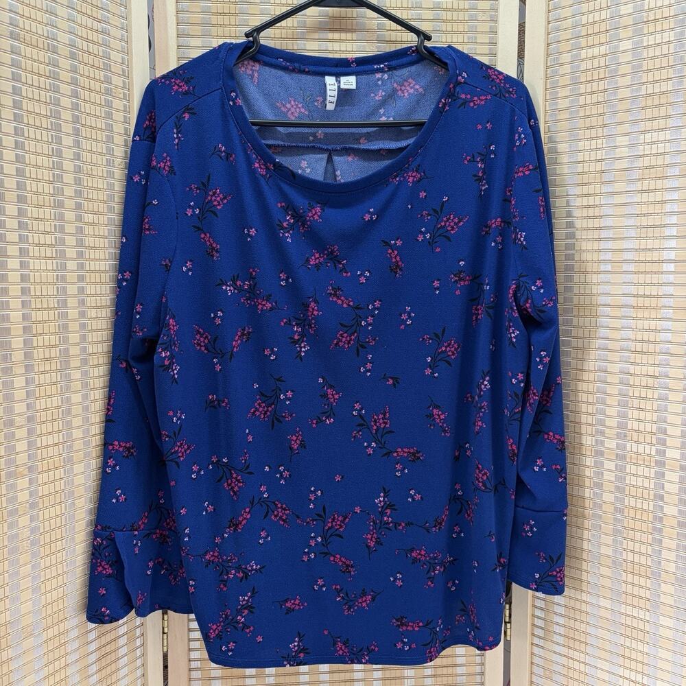 Elle Top Women's XL Blue With Pink Floral 3/4 Sleeves Blouse